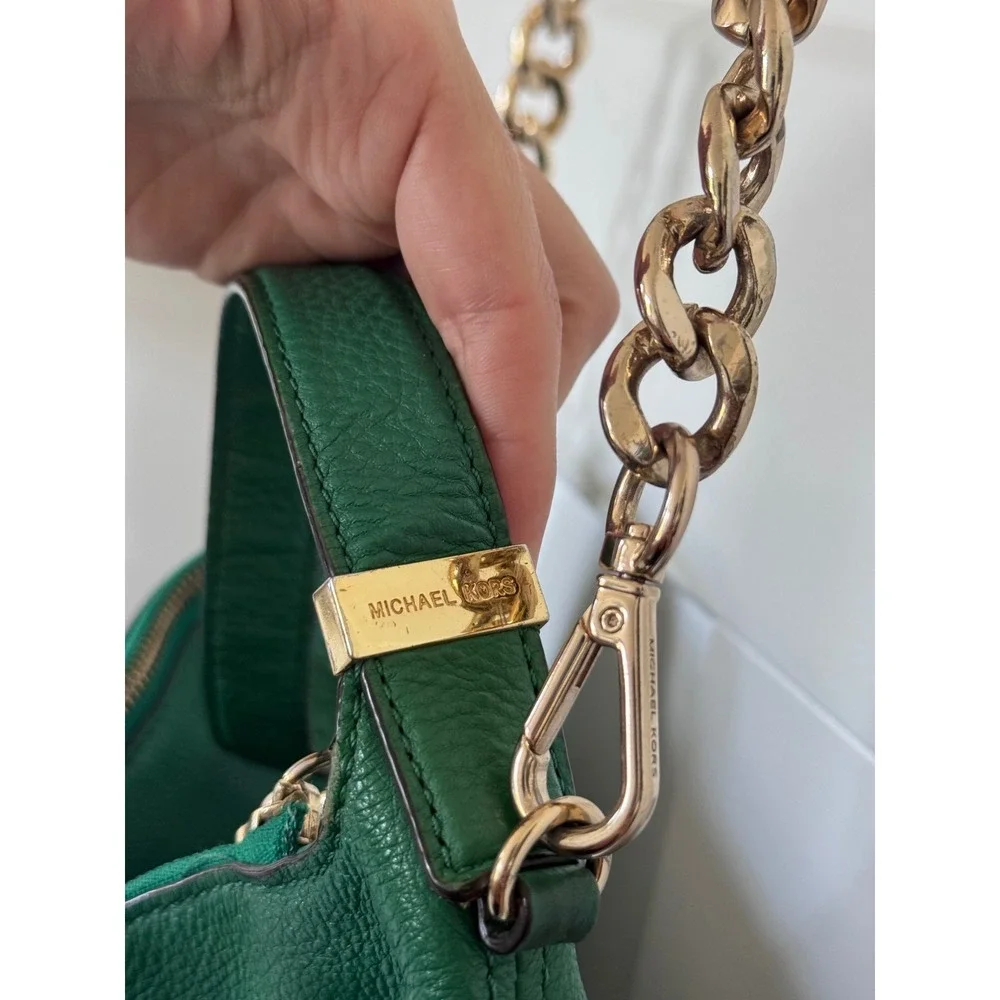 Michael Kors Green Pebbled Leather Hobo Bag Gold Chain Tassel Shoulder Bag